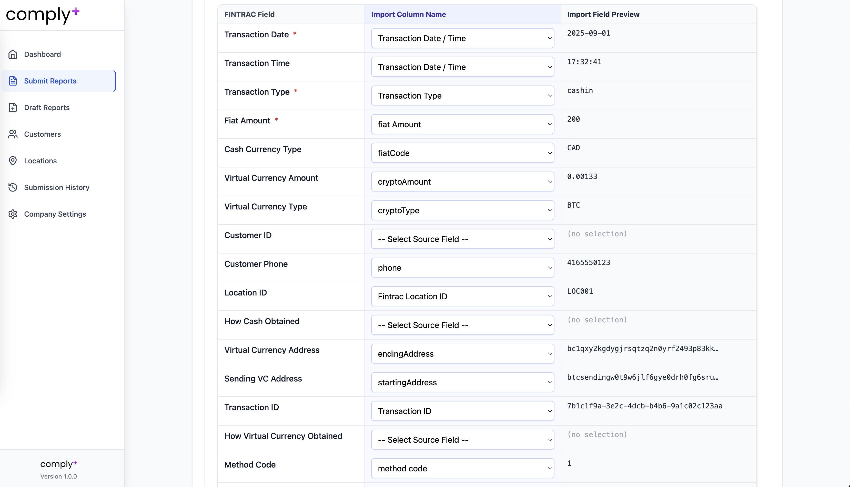 CSV upload and column mapping interface.